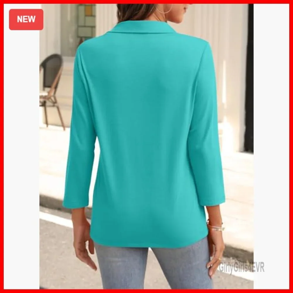 3/4 Sleeve V-Neck Polo Top Business Casual Loose Fit - Picture 2 of 7